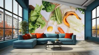 Zero waste cconcept. Package-free food shopping. Eco friendly natural bag with organic fruits and vegetables. Sustainable lifestyle concept. Plastic free items. Reuse, reduce, refuse. Wall mural