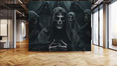 Dark satanic possessed nun surrounded by skulls in a nightmare Wall mural