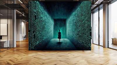 Digital cyberspace:  silhouette of a person standing in the middle of corridor made of arrays of symbols flying around in matrix style. AI Wall mural