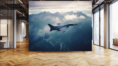 F-16 Falcon fighter jet flying in the sky over the mountan tops Wall mural