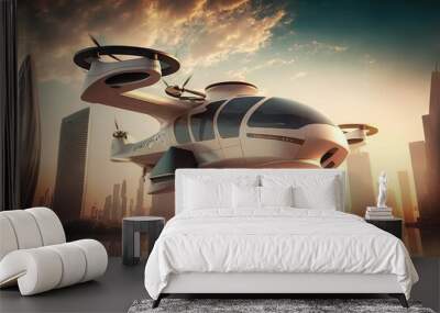 Transportation of the future: futuristic flying taxi cab in city Wall mural