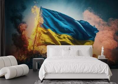 War in Ukraine. Burning Ukrainian flag. Dark solid background Wall mural