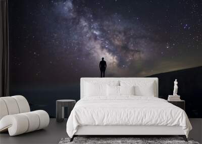 A man on a hill looking at the night starry sky Wall mural