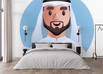 3D Arab man avatar, vector emirate male cartoon character portrait, muslim office businessman, beard. Dubai smiling young teacher, user person face icon circle. Arab avatar happy islam worker Wall mural