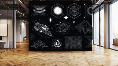 3D cyberpunk grid u2k wireframe shape set, warp retro futuristic geometric icon vector collection. Vintage science mathematic perspective frame , space ship globe. Futuristic wireframe object kit Wall mural