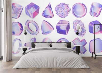 3D holographic geometric shapes set, crystal glass gradient objects, y2k futuristic modern figure. Creative decoration transparent effect elements, neon pink cross, sphere, cone, ring. 3D shapes icon Wall mural