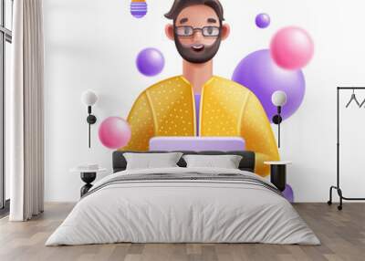 3D man sitting with laptop, cartoon male character face, glasses, computer, vector business person. Successful young guy worker, smiling cute student happy funny manager. Office man laptop figure Wall mural