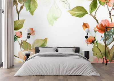 A beautiful watercolor painting of vibrant flowers and lush green leaves on a clean white background, showcasing the artists creativity in botanical art Wall mural