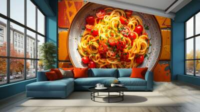 A dish of Chinese noodles topped with tomatoes and parsley, served al dente on a tiled table. A staple food with rice noodles in Asian cuisine Wall mural