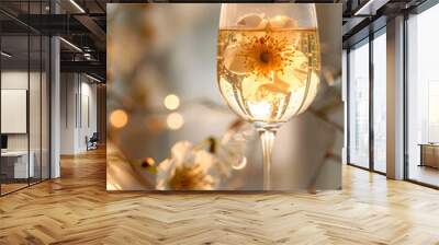 A stemware wine glass with a flower floating in liquid on a table, creating a beautiful display of barware and nature combined Wall mural