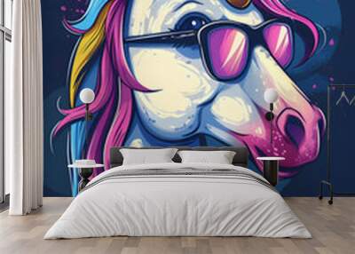 An organism with the jaw of a horse, this unicorn is a pack animal with an electric blue and magenta mane. Its sunglasses and colorful mane could be mistaken for a piece of art or a painting Wall mural