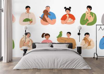 Set of people holding their pets. Happy domestic animal owners. Pet lowers concept. Flat vector illustration isolated on a white background. Wall mural