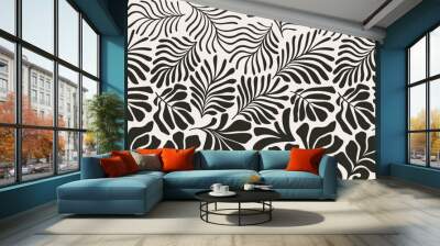 Black and white abstract background with tropical palm leaves in Matisse style. Vector seamless pattern with Scandinavian cut out elements. Wall mural