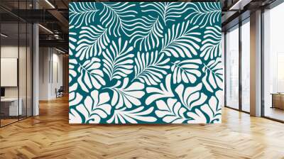 Blue green abstract background with tropical palm leaves in Matisse style. Vector seamless pattern with Scandinavian cut out elements. Wall mural