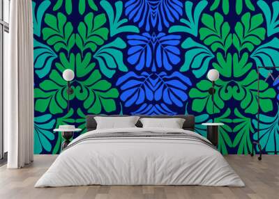 Blue green gradient abstract background with tropical palm leaves in Matisse style. Vector seamless pattern with Scandinavian cut out elements. Wall mural