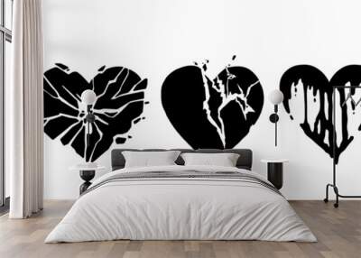 Broken heart gothic vector icon set, love sign rock gothic sticker, cracked grunge shapes, flame. Emo romance trendy print, y2k Valentine Day graffiti 90s art, breakup tattoo. Broken heart silhouette Wall mural