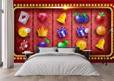 Casino slot machine game vector background, retro Vegas gambling frame, gold crown, chips icon. Online entertainment gamble screen, light bulb, classic fruit badge. Slot game red vintage border Wall mural