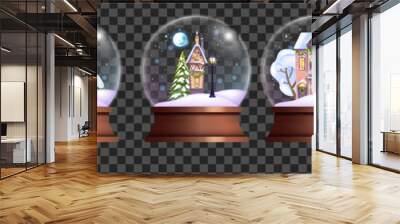 Christmas crystal ball set, vector x-mas holiday snow globe kit, winter realistic magic bubble, little houses. Decorated toy, snow drift, pine tree, village buildings. New Year crystal ball collection Wall mural