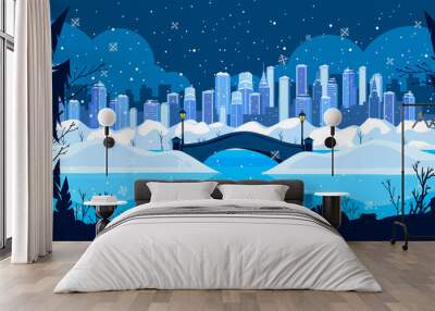 Christmas winter city holiday background with snow, bridge, New York buildings, park, trees outline. Urban architecture landscape with skyscrapers, pine silhouette. Winter city illustration in blue Wall mural