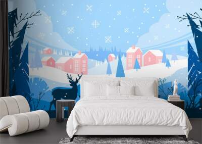 Christmas winter vector landscape with snow drifts, mountain village, forest, pines, reindeer. Holiday nature background with fox, hills, houses. X-mas panoramic banner with winter outline landscape Wall mural