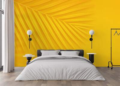 colorful summer background with copy space. bright yellow 3d illustration of tropical palm branch. Wall mural