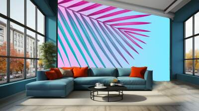 Colorful summer background with copy space. Bright yellow 3d illustration of tropical palm branch. Wall mural