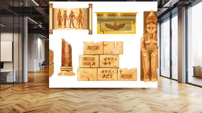 egypt ancient stone ruin set, vector old pyramid pharaoh sculpture, antique column, cracked wall til Wall mural