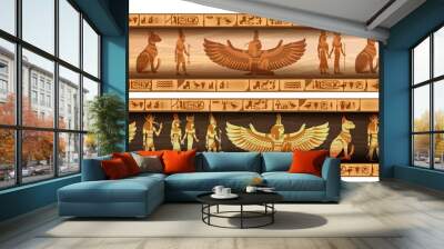 egypt seamless border set, vector ancient ethnic ornament frame design, goddess silhouette. old papy Wall mural