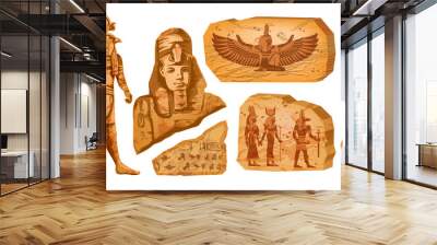 Egypt stone board kit, vector ancient Egyptian statue, old rock tablet, gods silhouette, hieroglyphs. Horus temple sculpture, pharaoh clay figurine, ancient civilization monument. Egypt stone set Wall mural