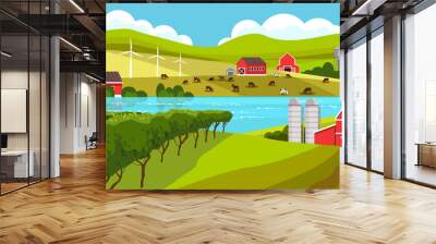 Farm rural landscape with mill, vineyard, lake, livestock, hills, green fields, mountains, barn. Countryside rural landscape with grazing cows, bushes, river, wind turbine, red house. European view Wall mural