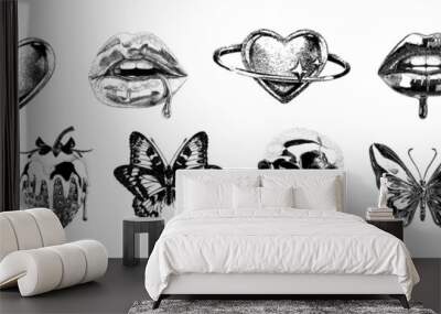 Futuristic photocopy print set, vector dark halftone collage pop art sticker, chrome heart, lips. Retro noise effect y2k tattoo icon, melting kiss modern brutal acid objects. Grunge photocopy print Wall mural