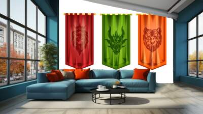 Game flag set, vector medieval royal banner, ancient knight pennant icons kit, UI team house signs. Fantasy heraldic animal heads, unicorn, green dragon, king lion, yellow eagle. E-sport game flags Wall mural