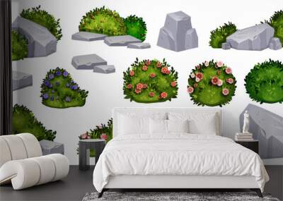 Garden bush set, gray stones, nature landscape design elements, vector green spring shrub hedge. Blooming pink rose flower, granite rock boulder, summer vegetation. Garden bush clipart collection Wall mural