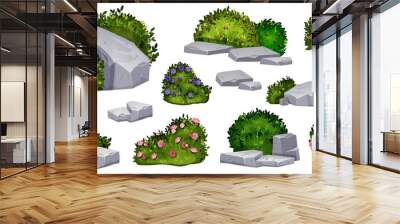 Garden bush set, vector green spring shrub hedge, gray stones, nature landscape design elements. Blooming pink rose flower, summer vegetation, granite rock boulder. Garden bush clipart collection Wall mural