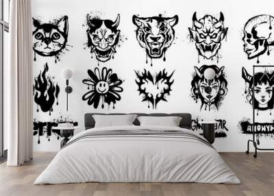 Graffiti spray paint icon set, vector urban street art, animal head, butterfly, flame, heart, girl. Gothic y2k liquid effect print, hand drawn grunge illustration, tattoo silhouette. Graffiti print Wall mural