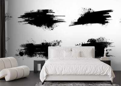 Ink splatter set, paint brush stroke kit, vector black grunge stain, graffiti texture liquid splash. Abstract dirty blob, messy shape drawing collection isolated on white. Ink splatter print element Wall mural