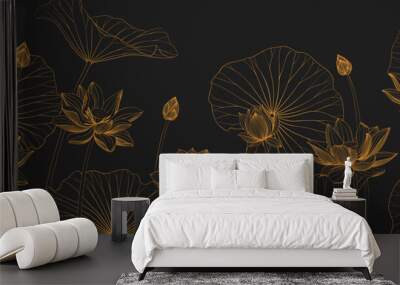 Luxury vector background with lotus flower, leaves and buds. Elegant floral wallpaper in minimalistic linear style. Wall mural