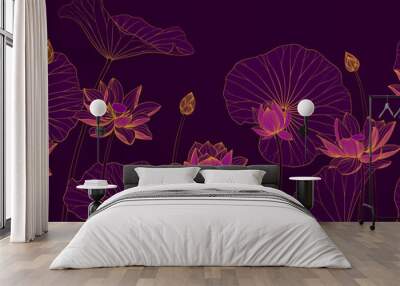 Luxury vector background with lotus flower, leaves and buds. Elegant floral wallpaper in minimalistic linear style. Wall mural