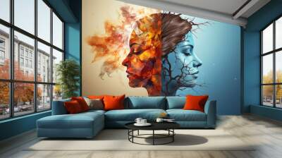 Metaphor bipolar disorder mind mental. Double face. Split personality. Concept mood disorder. 2 Head silhouette. Psychology. Mental health. Dual personality. Generative AI Wall mural