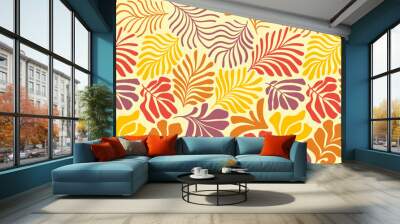 Multicolor abstract background with tropical palm leaves in Matisse style. Vector seamless pattern with Scandinavian cut out elements. Wall mural