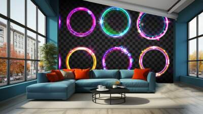 Neon circle set, circular game frame kit, UI futuristic techno glow led rings, vector light portal. Neon circle on transparent background. Cyberpunk cosmic round shapes, abstract electric shiny tunnel Wall mural