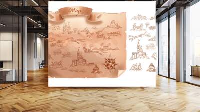 Old map, vector vintage travel cartography paper, antique medieval treasure parchment on white. Fantasy kingdom doodle geographical object sketch set, adventure game background. Old map icons Wall mural