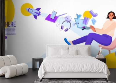 Online school or university education illustration with flying student using laptop, levitating stationery. E-learning or internet training vector concept with woman, rocket. Online education banner Wall mural