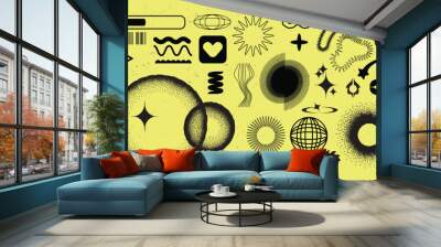 Retro futuristic geometric shape set, vector cyberpunk y2k icon kit, modern brutalist figure. Grunge minimal symbol poster, techno grain particle sphere, stars, wavy lines. Retro futuristic acid print Wall mural