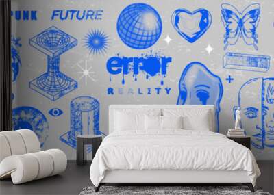 Retro futuristic object set, vector y2k cyberpunk sticker kit, brutalism shape collection, globe. Techno cyber acid tattoo, grunge texture halftone geometric forms, heart, human face. Retro futuristic Wall mural