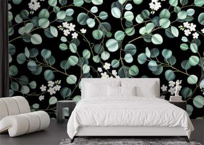 Seamless pattern with eucalyptus leaves and little white flowers on black background. Watercolor illustration. Wall mural