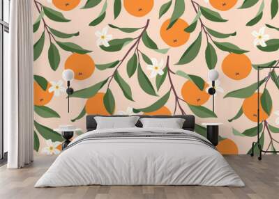 Seamless pattern with oranges. Trendy summer background. Vector bright print for fabric or wallpaper. Wall mural