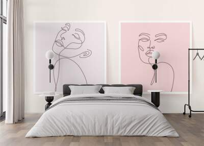 Set of stylized woman faces. Modern single line art. Woman beauty fashion concept, minimalistic style. Wall mural