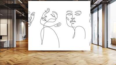 Set of stylized woman faces. Modern single line art. Woman beauty fashion concept, minimalistic style. Wall mural