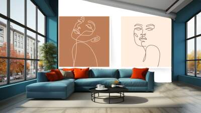 Set of stylized woman faces. Modern single line art. Woman beauty fashion concept, minimalistic style. Wall mural